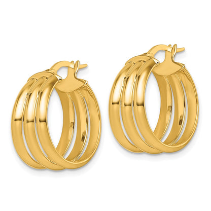 14K Yellow Gold Polished Triple Row 8.00mm x 18mm Tube Round Hoop Earrings