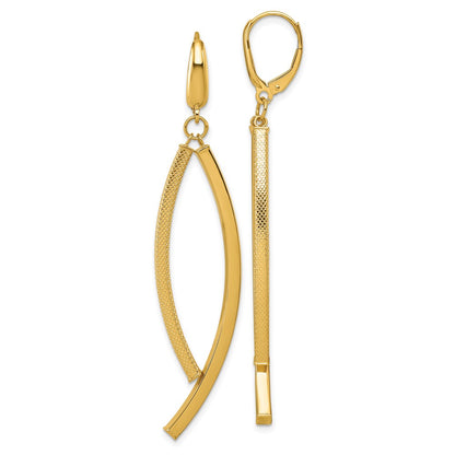 14K Yellow Gold Polished and Textured Curved Bars Dangle Leverback Earrings