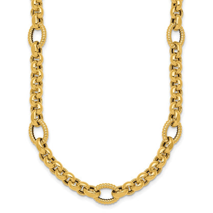 14K Yellow Gold Polished and Textured Rolo and Oval Fancy Chain 18 Inch Necklace