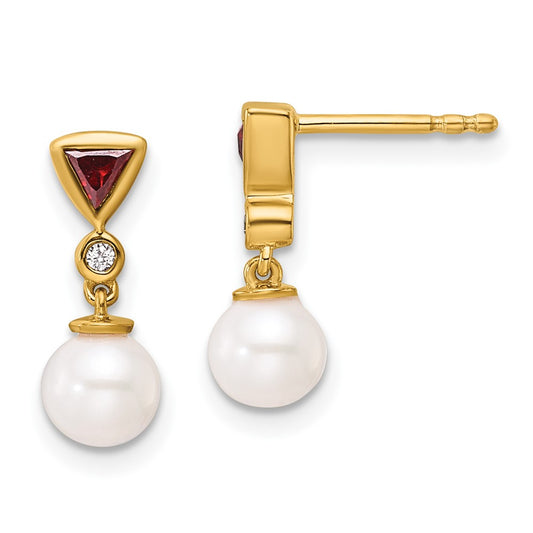 14K Yellow Gold Round Freshwater Cultured Pearl/.02 carat Diamond/Trillion Ruby Dangle Post Earrings