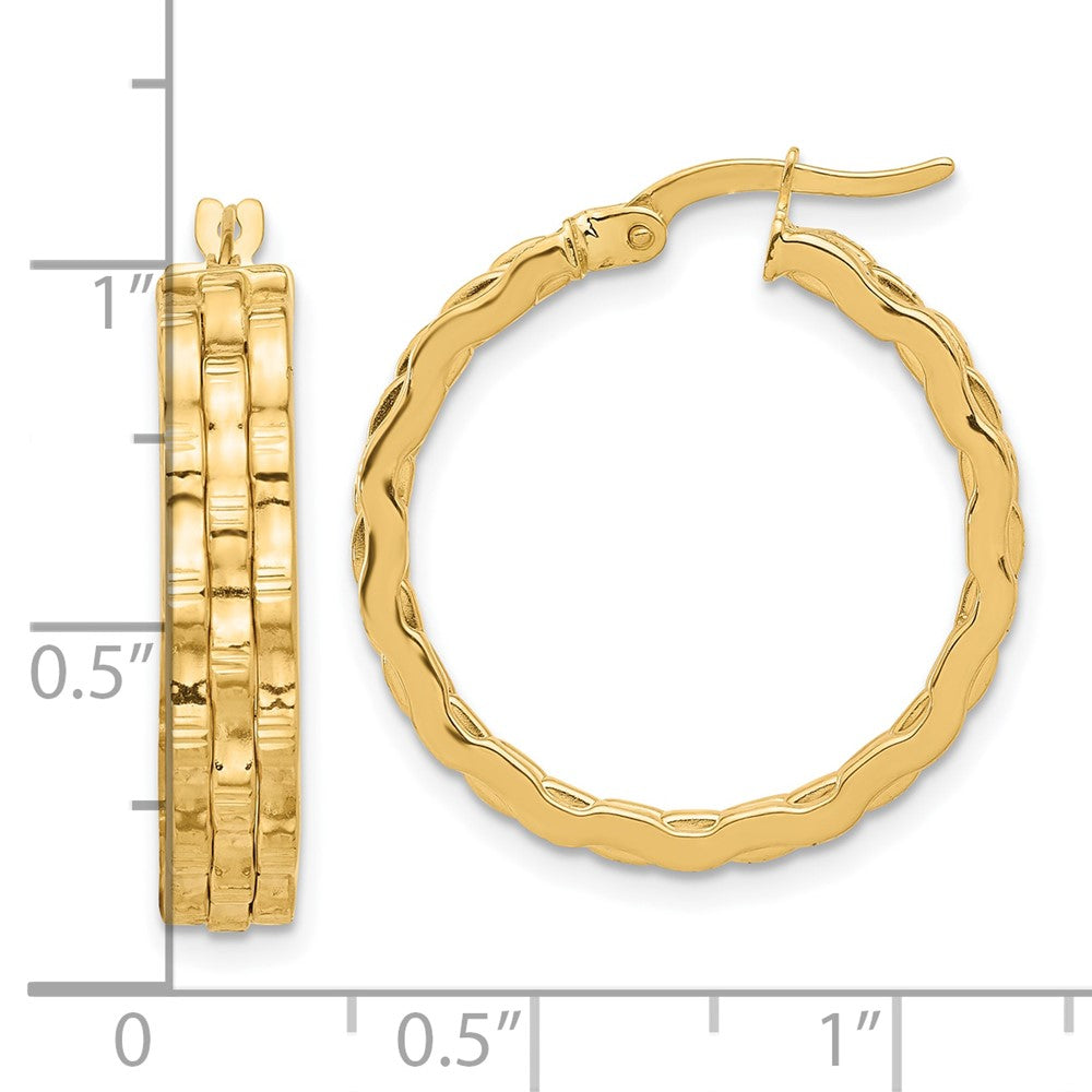 14K Yellow Gold Polished and Textured Hoop Earrings