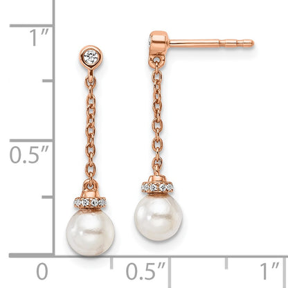 14K Rose Gold Polished 1/10 carat Diamond and White Freshwater Cultured Pearl Chain Dangle Post Earrings
