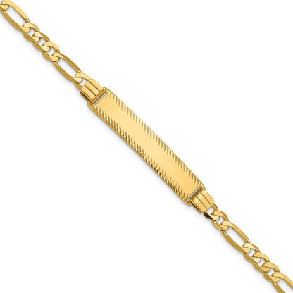 14K Yellow Gold Polished Solid Chain/Solid Plate Figaro Link Diamond-cut 32.5x6.5mm Plate 7 Inch ID Bracelet