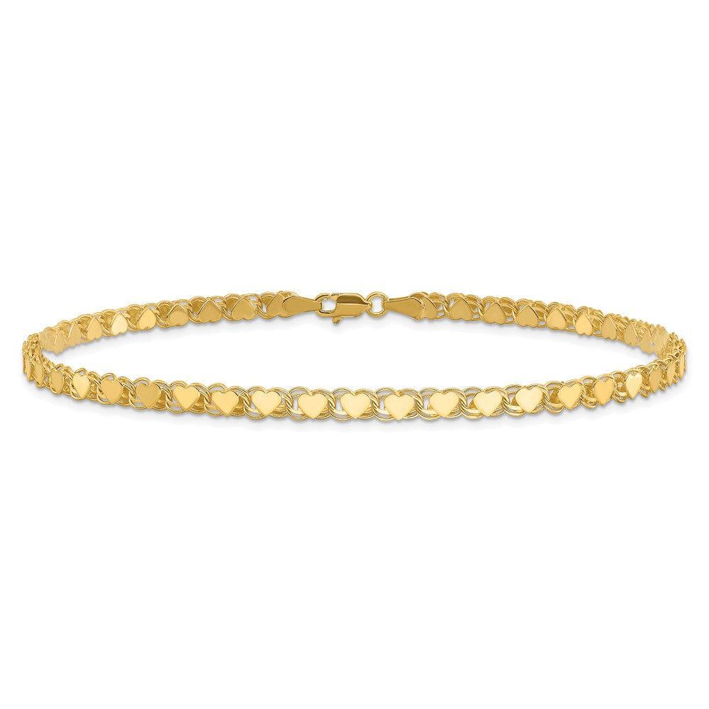 14K Yellow Gold Polished Double-Sided Hearts Double Link Anklet