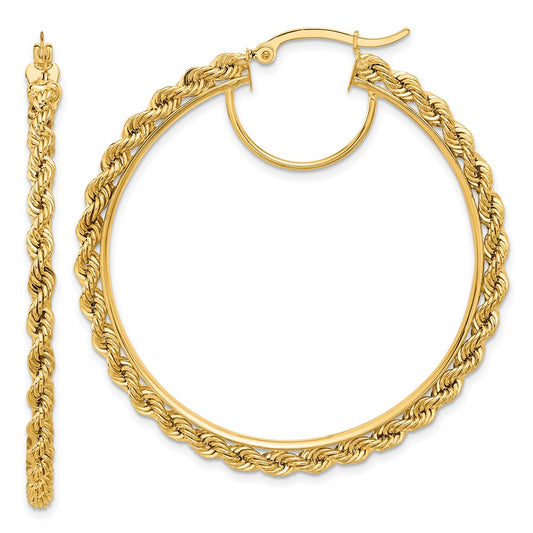 14K Yellow Gold Polished and D/C Rope 2.95mm Hoop Earrings