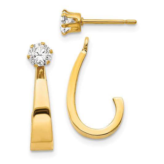 14K Yellow Gold Polished J-Hoop Jackets with 4mm CZ Stud Earrings