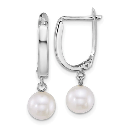 14K White Gold Polished 7-8mm Round White Freshwater Cultured Pearl Dangle Hoop Earrings
