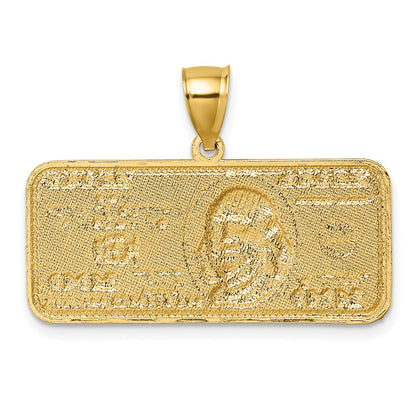 14K Yellow Gold Polished with Rhodium Diamond-cut 100 Dollar Bill Pendant
