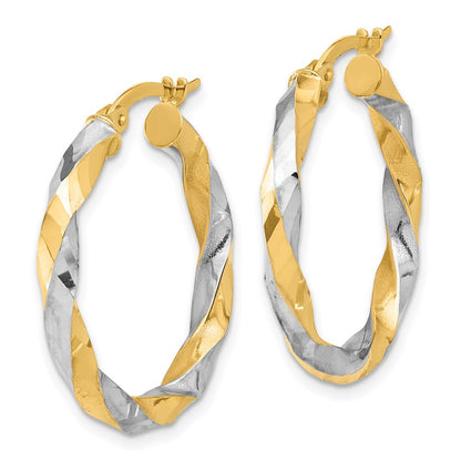 14K Yellow Gold with Rhodium Polished and Diamond-cut Twisted Hoop Earrings