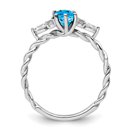 14K White Gold Diamond and 7x5 Oval December/Blue Topaz Size 7 Twisted Ring