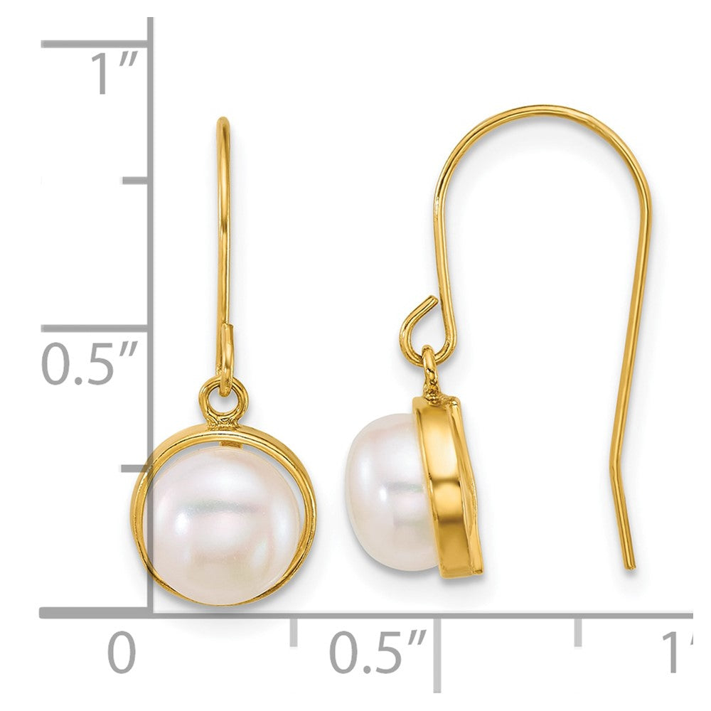 14K Yellow Gold Polished 6-7mm Button Freshwater Cultured Pearl Dangle Shepherd Hook Earrings