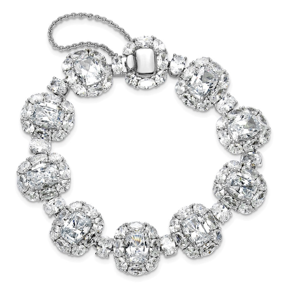 Cheryl M Sterling Silver Rhodium-plated Polished Fancy Cushion-cut CZ Halo Cluster with Safety Chain Bracelet