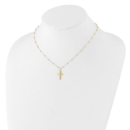 14K Yellow Gold Mirror Beaded Chain with Polished Cross Pendant 16.25 Inch Necklace Plus 2 Inch Extender