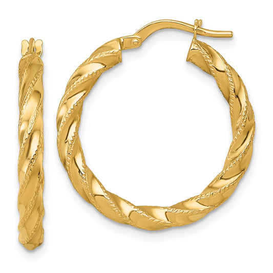 14K Yellow Gold Polished Diamond-cut Twisted 3.00 x 25mm Tube Hoop Earrings