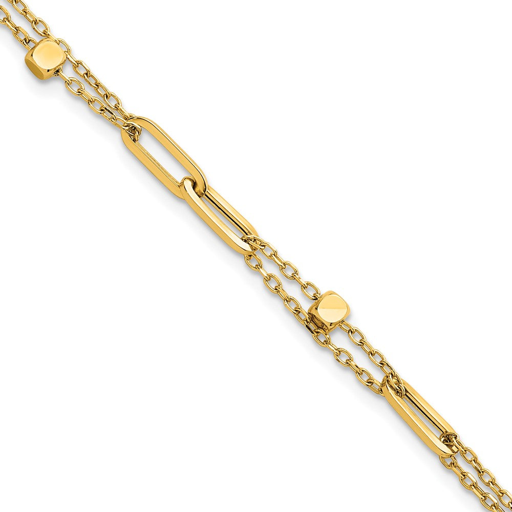 14K Yellow Gold Polished and Beaded 2-Strand with Fancy Paperclip Link 7.5 Inch Bracelet