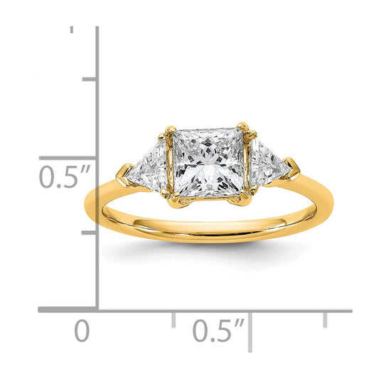 14K Yellow Gold 1/2 carat Lab Grown Diamond VS+ F+ Trillion and 1 carat Princess Center Semi Mount Three Stone Engagement Ring