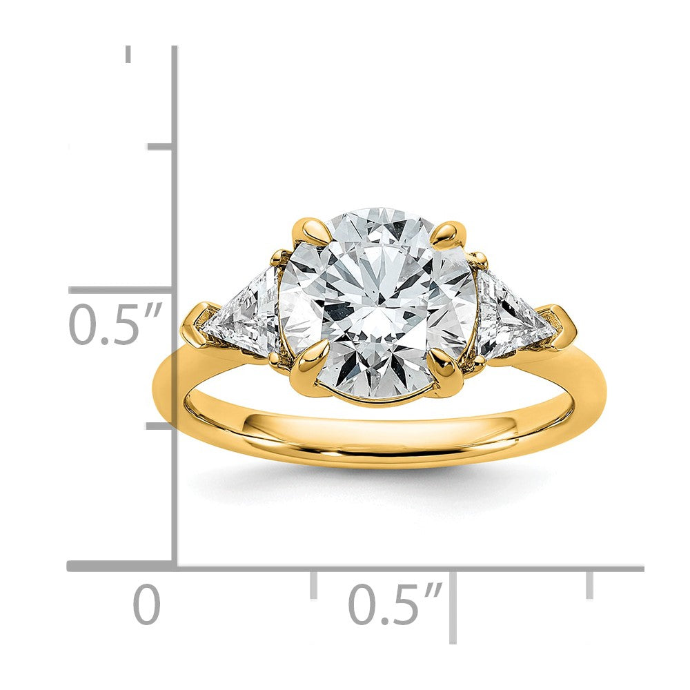 14K Yellow Gold 3 1/8 carat Certified Lab Grown Diamond VS+ F+ Round and Triangle Complete Three Stone Engagement Ring