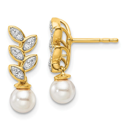 14K Yellow Gold Polished 1/10 carat Diamond and Freshwater Cultured Pearl Leaf Design Dangle Post Earrings