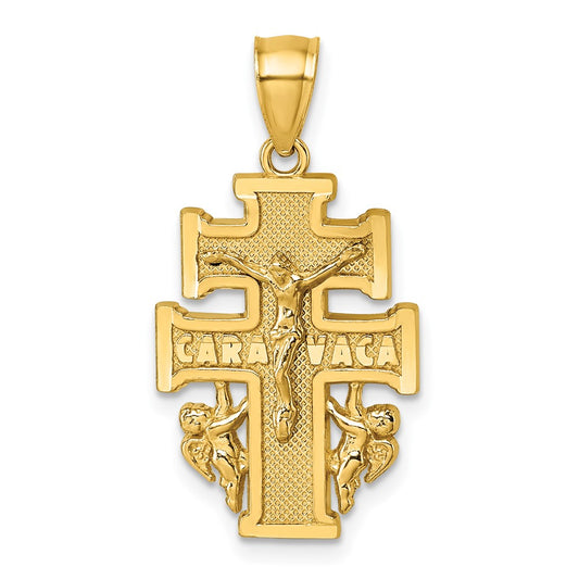 14K Yellow Gold Polished and Textured Cara Vaca Crucifix Pendant
