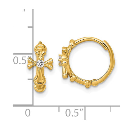 14K Yellow Gold Polished CZ Cross Round Hinged Hoop Earrings
