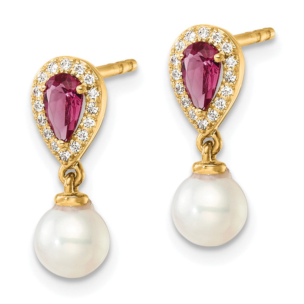 14K Yellow Gold Round Freshwater Cultured Pearl/.09 carat Diamond/Pear Ruby Dangle Post Earrings