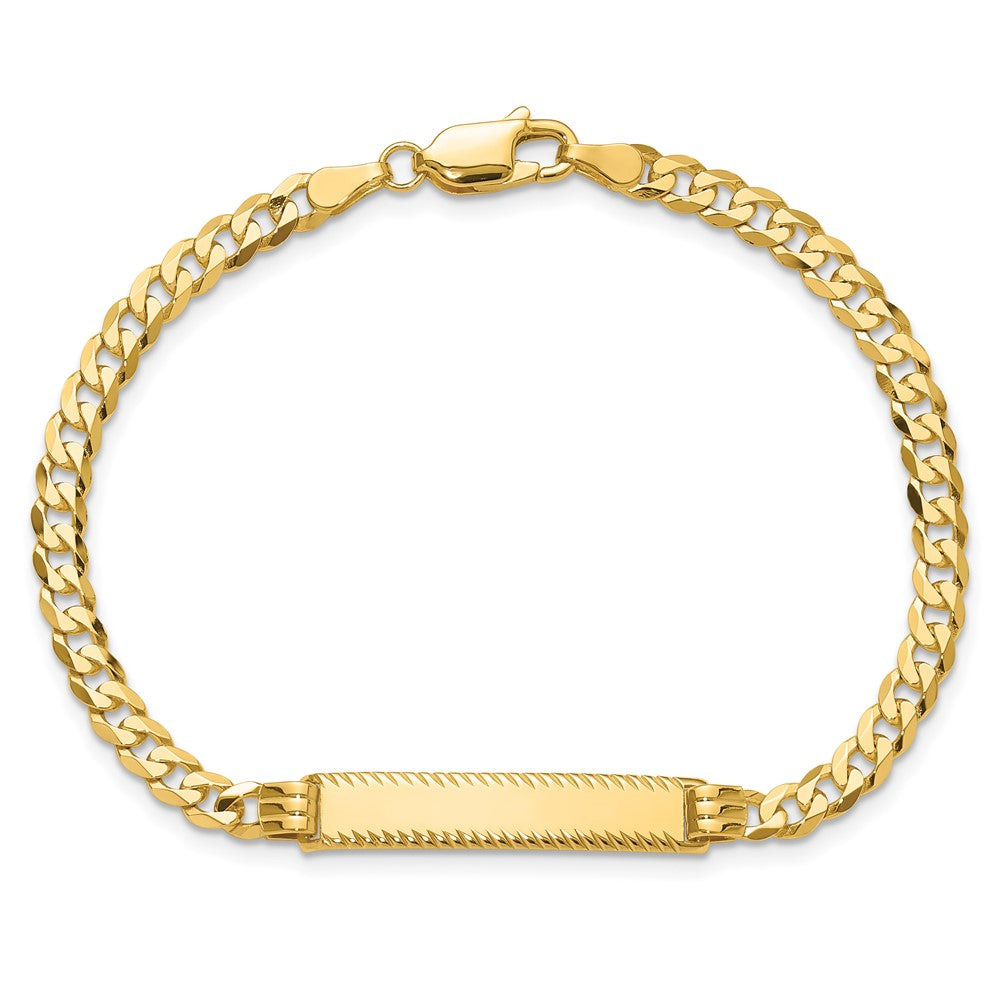 14K Yellow Gold Polished Solid Chain/Solid Plate Flat Curb Link Diamond-cut 27x5.5mm Plate 7 Inch ID Bracelet