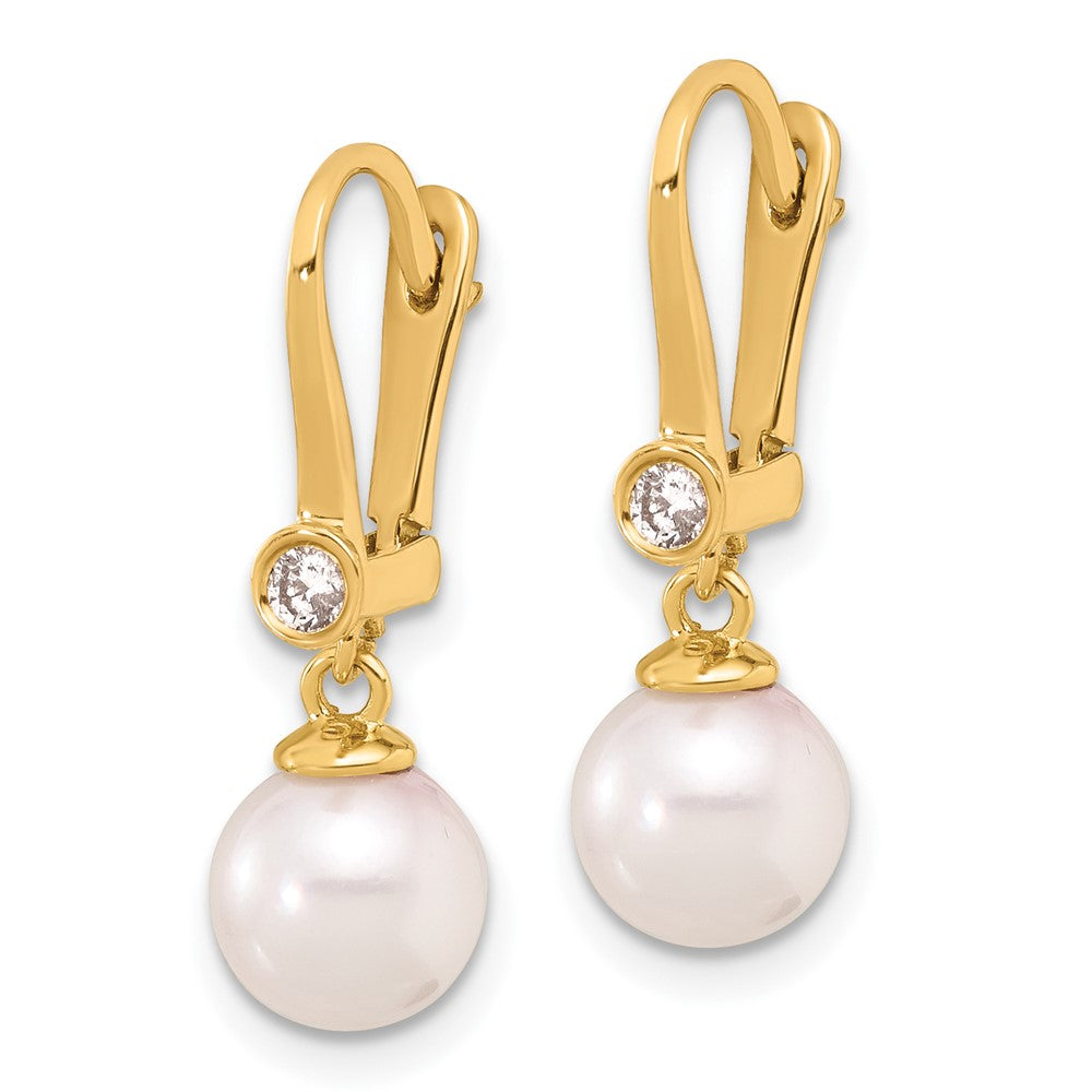 14K Yellow Gold 7-8mm Round Akoya Saltwater Cultured Pearl and .10 Carat Diamond Dangle Earrings