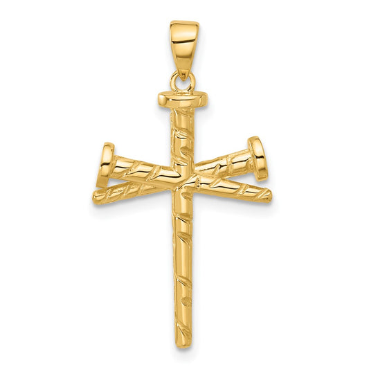 14K Yellow Gold Polished and Textured Nails Cross Pendant