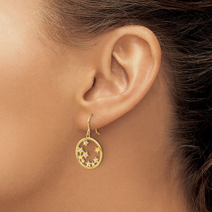 14K Yellow Gold and Rhodium Diamond-cut Stars in Circle Dangle French Hook Earrings