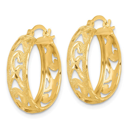 14K Yellow Gold Polished Laser and Diamond-cut 6.15x21mm Fancy Design Round Hoop Earrings