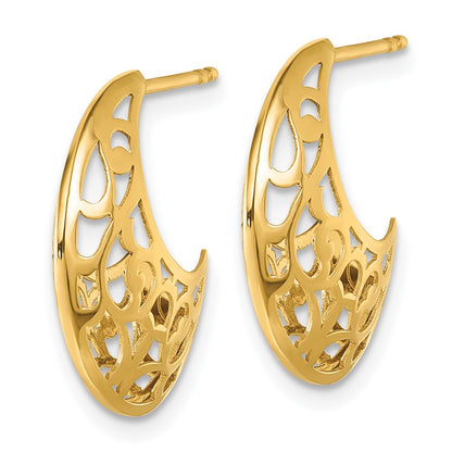 14K Yellow Gold Polished Fancy Cut Out Design Post J-Hoop Earrings