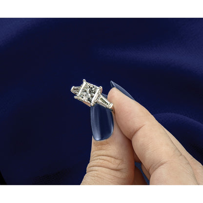 14K White Gold 5/8 carat Lab Grown Diamond VS+ F+ Tapered Baguette 2 carat Princess Center Semi Mount Three Stone Engagement Ring