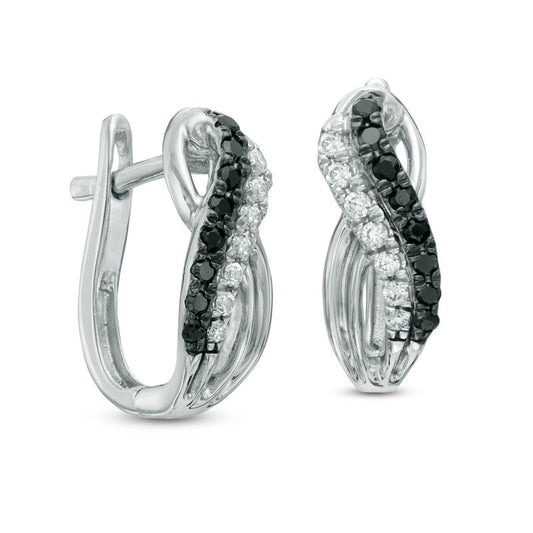 0.33 CT. T.W. Enhanced Black and White Diamond Double Row Overlay Hoop Earrings in 10K White Gold