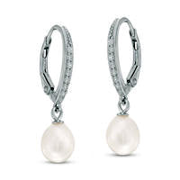 6.0 - 6.5mm Oval Cultured Freshwater Pearl and Lab-Created White Sapphire Drop Earrings in Sterling Silver