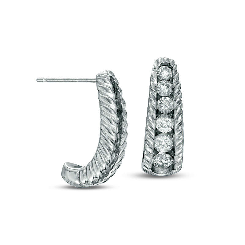 1 CT. T.W. Diamond Textured J-Hoop Earrings in 10K White Gold