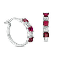 Princess-Cut Lab-Created Ruby and Diamond Accent Three Stone Hoop Earrings in Sterling Silver