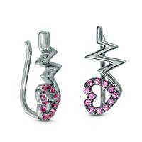 Lab-Created Pink Sapphire Heart with Heartbeat Crawler Earrings in Sterling Silver