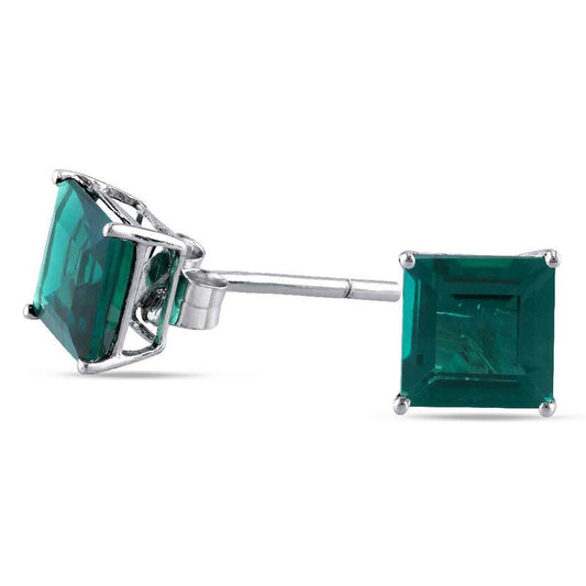 6.0mm Princess-Cut Lab-Created Emerald Stud Earrings in 10K White Gold
