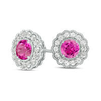 5.0mm Lab-Created Pink and White Sapphire Flower Stud Earrings in Sterling Silver