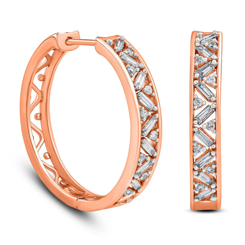 0.33 CT. T.W. Baguette and Round Diamond Hoop Earrings in 10K Rose Gold