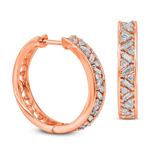 0.5 CT. T.W. Baguette and Round Diamond Hoop Earrings in 10K Rose Gold