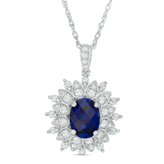 Oval Lab-Created Blue and White Sapphire Floral Frame Pendant in Sterling Silver
