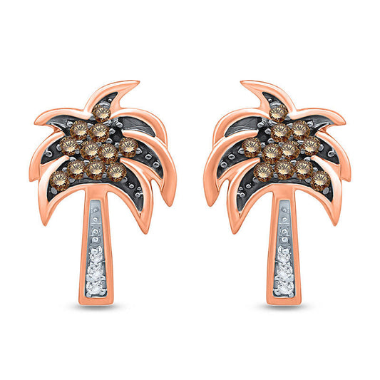 0.13 CT. T.W. Champagne and White Diamond Palm Tree Stud Earrings in 10K Rose Gold