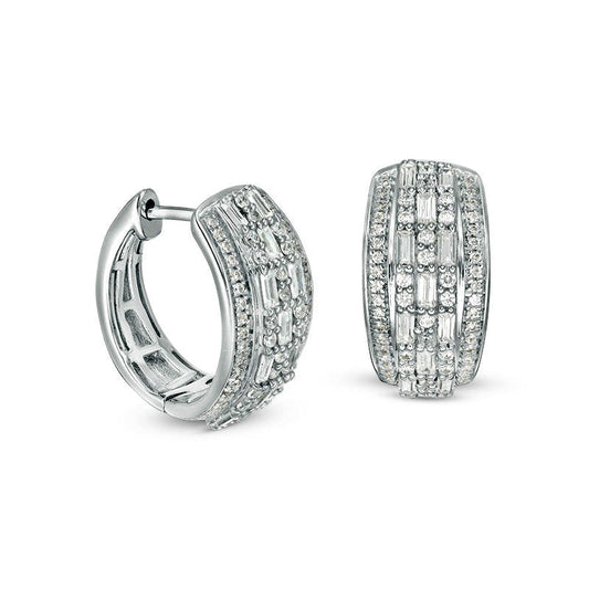 1 CT. T.W. Baguette and Round Diamond Alternating Multi-Row Hoop Earrings in 10K White Gold