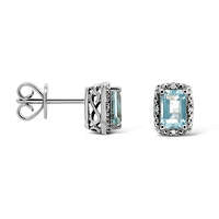 Emerald-Cut Aquamarine and Diamond Accent Frame Stud Earrings in Sterling Silver