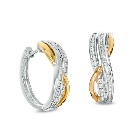 0.5 CT. T.W. Diamond Double Row Twist Hoop Earrings in 10K Two-Tone Gold