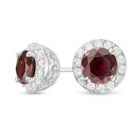 6.0mm Garnet and Lab-Created White Sapphire Frame Stud Earrings in Sterling Silver