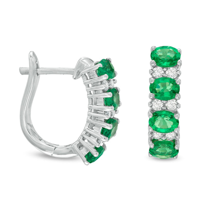 Sideways Oval Emerald and 0.25 CT. T.W. Diamond Duo Alternating Four Stone Hoop Earrings in 14K White Gold
