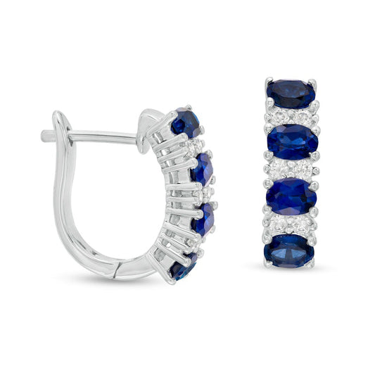 Sideways Oval Blue Sapphire and 0.25 CT. T.W. Diamond Duo Alternating Four Stone Hoop Earrings in 14K White Gold