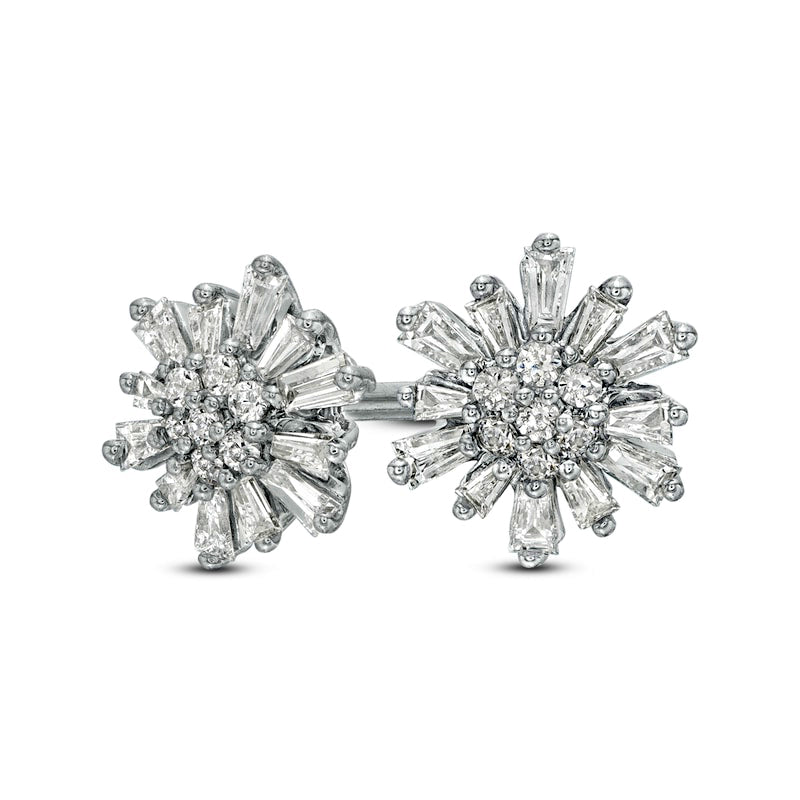 0.25 CT. T.W. Baguette and Round Diamond Sunburst Stud Earrings in 10K White Gold
